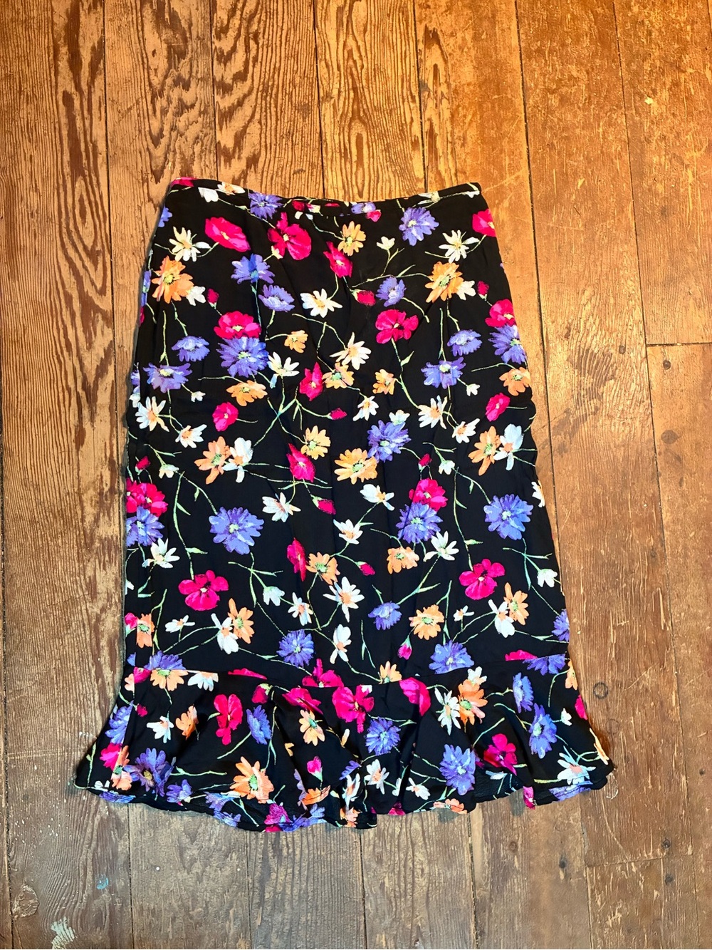 Christopher & Banks Black Midi Skirt with Pink, Purple & Cream Floral Print